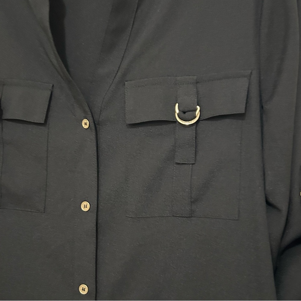 Calvin Klein Black Roll-Tab Sleeve Blouse  Gold Hardware Utility Top Women's - Picture 5 of 6